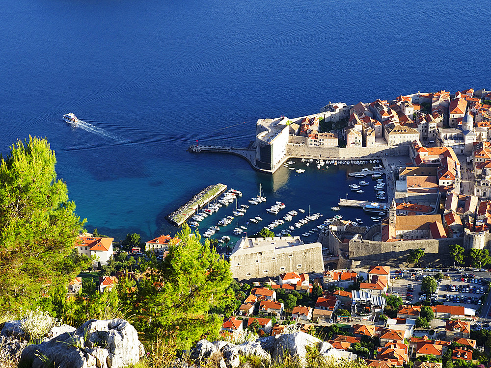 Dubrovnik Old Town Port, UNESCO World Heritage Site, from Mount Srd, Dubrovnik, Croatia, Europe