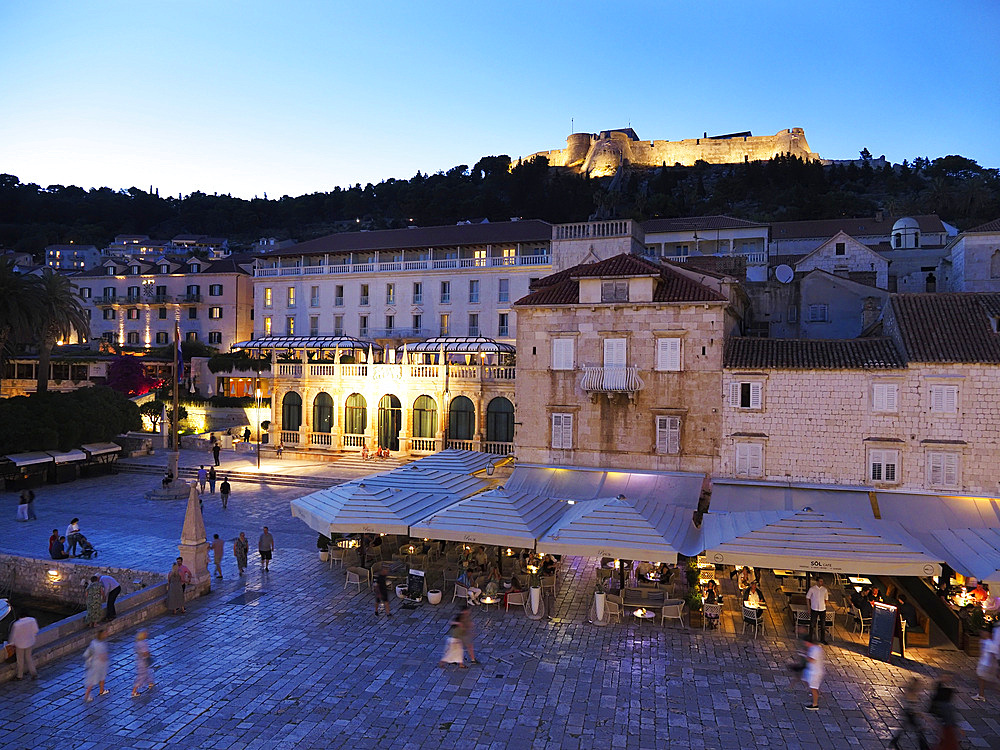 St. Stephens Square at dusk, Hvar, Croatia, Europe