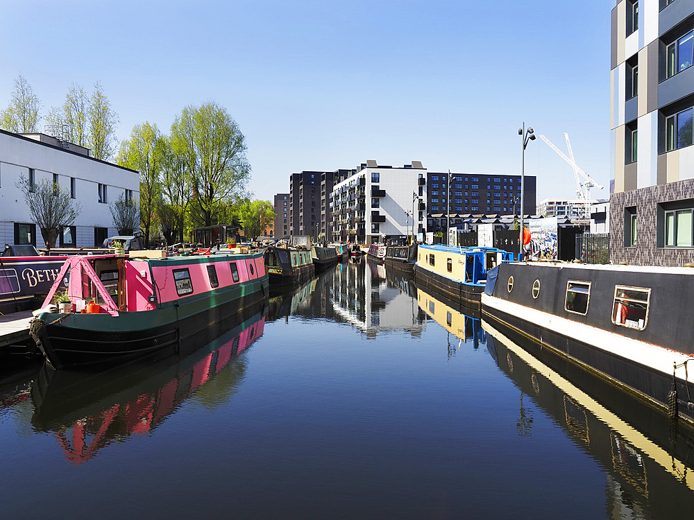 Narrowboats moored at New Islington Marina in Manchester