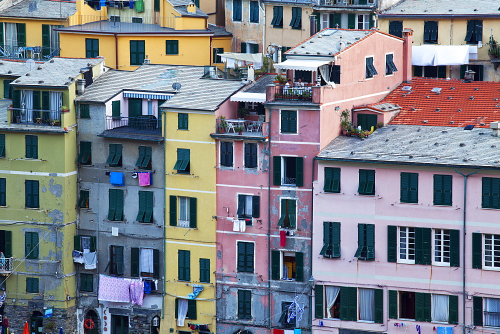 Colourful buildings at dusk, Vernazza, Cinque Terre, UNESCO World Heritage Site, Liguria, Italy, Europe 