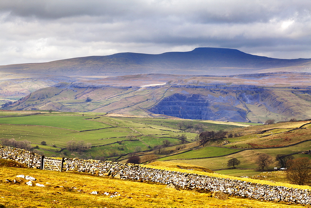 Across Ribblesdale to Ingleborough from above Stainforth near Settle, Yorkshire Dales, Yorkshire, England, United Kingdom, Europe