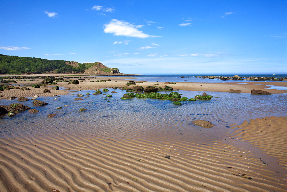 Sand ripples and tide pool at Osgodby Point (Knipe Point) in Cayton Bay, Scarborough, North Yorkshire, Yorkshire, England, United Kingdom, Europe