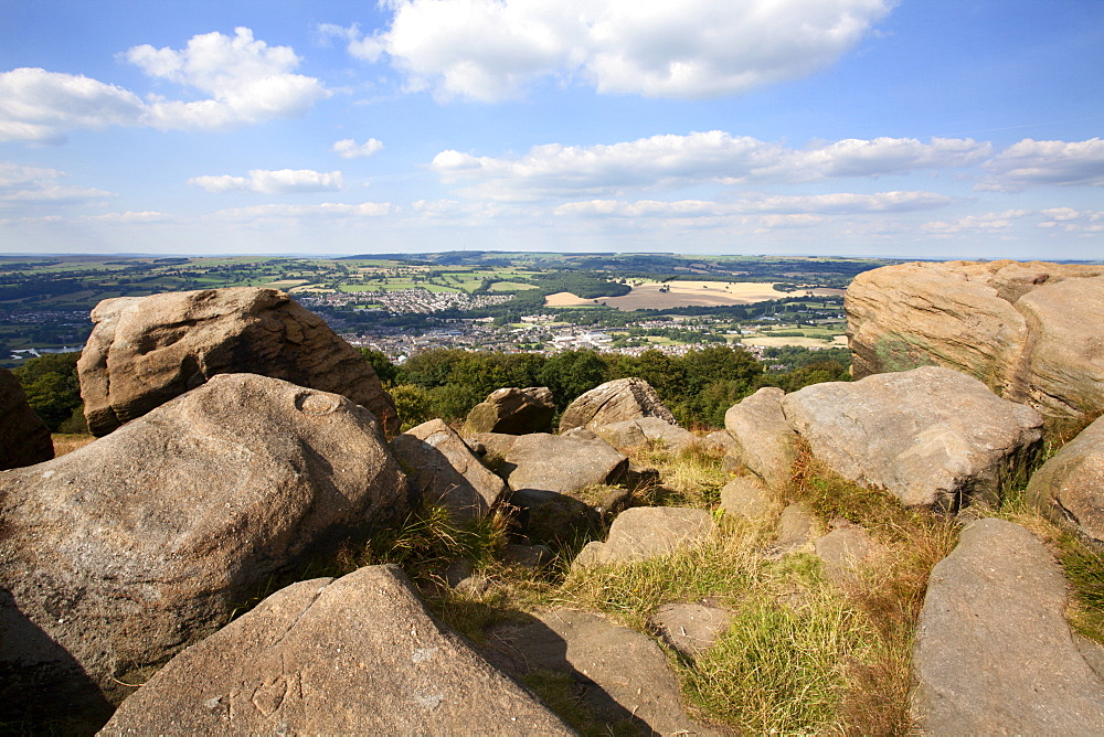 Gritstone Rocks at the Surprise View overlooking Otley from The Chevin, West Yorkshire, Yorkshire, England, United Kingdom, Europe