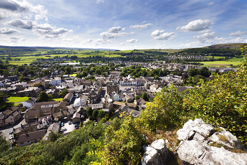 The Dales market town of Settle from Castlebergh Crag North Yorkshire, Yorkshire, England, United Kingdom, Europe