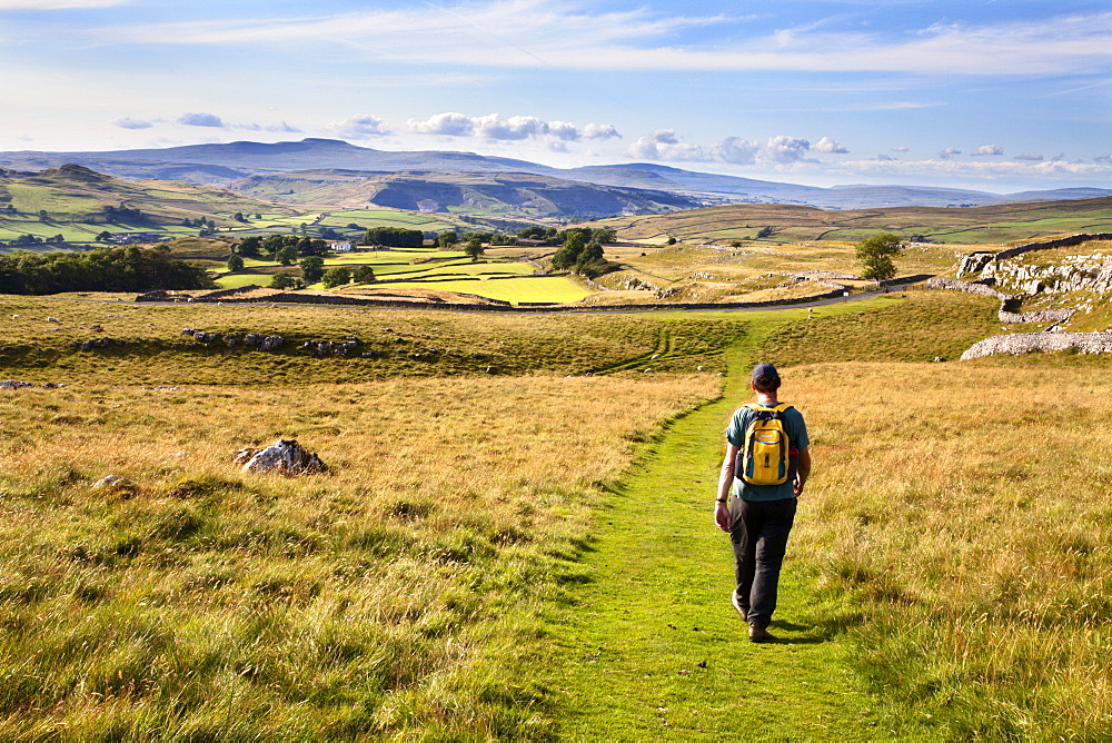 Walker on a Public Footpath approaching Winskill Stones, Yorkshire, England, United Kingdom, Europe