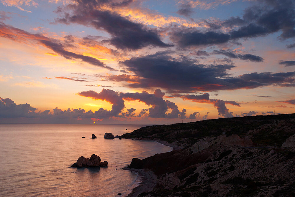 Aphrodite's Rock at sunset, Paphos, UNESCO World Heritage Site, South Cyprus, Cyprus, Mediterranean, Europe