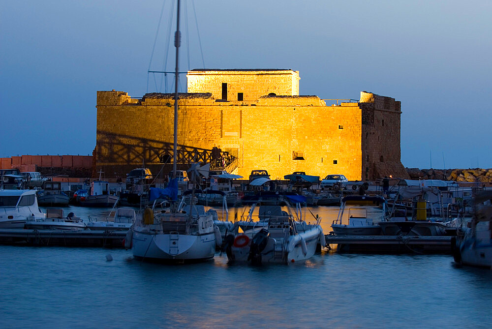 The harbour and Paphos Fort at night, Paphos, Cyprus, Mediterranean, Europe