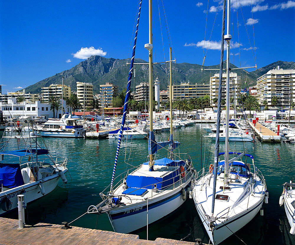 View across marina, Marbella, Andalucia, Costa del Sol, Spain, Europe