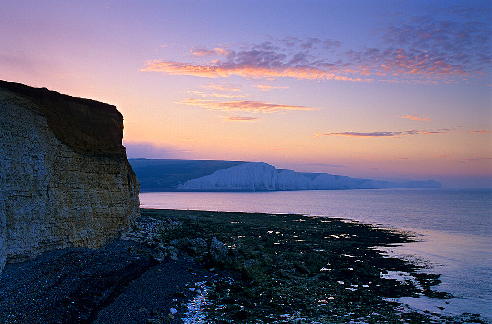 View of Seven Sisters cliffs at sunrise, Seaford, East Sussex, England, United Kingdom, Europe