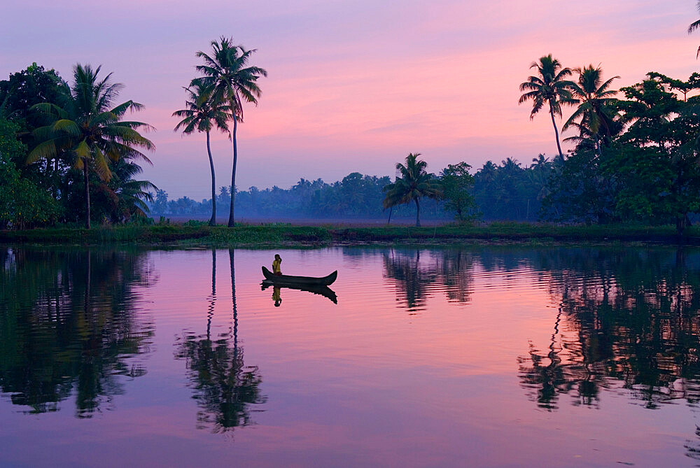 Dawn over the backwaters, near Alappuzha (Alleppey), Kerala, India, Asia