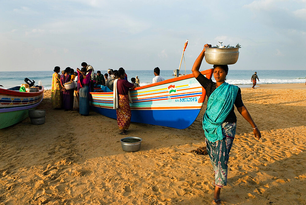 Local women buying freshly caught fish, Chowara Beach, near Kovalam, Kerala, India, Asia