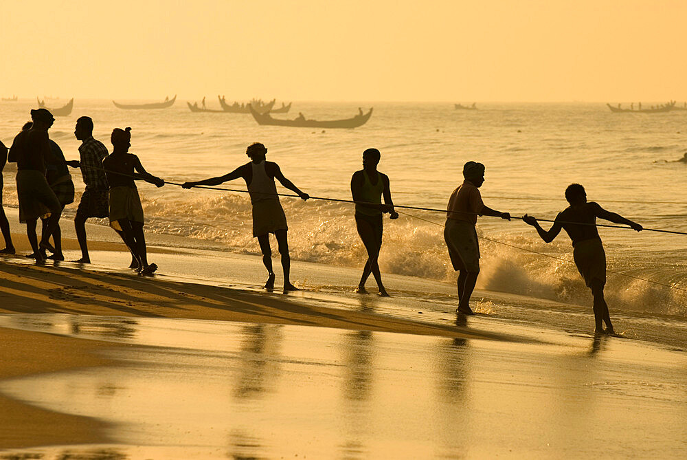 Fishermen hauling in nets at sunrise, Chowara Beach, near Kovalam, Kerala, India, Asia