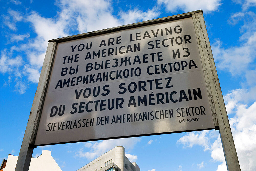 Cold War sign at Check Point Charlie, Berlin, Germany, Europe