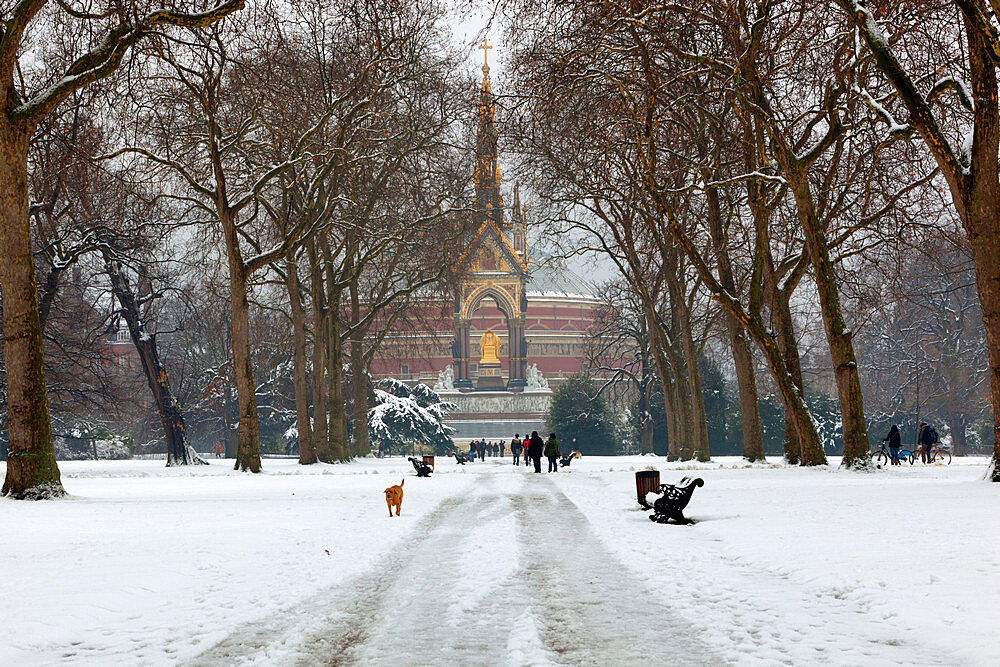 The Albert Memorial and Royal Albert Hall in winter, Kensington Gardens, London, England, United Kingdom, Europe