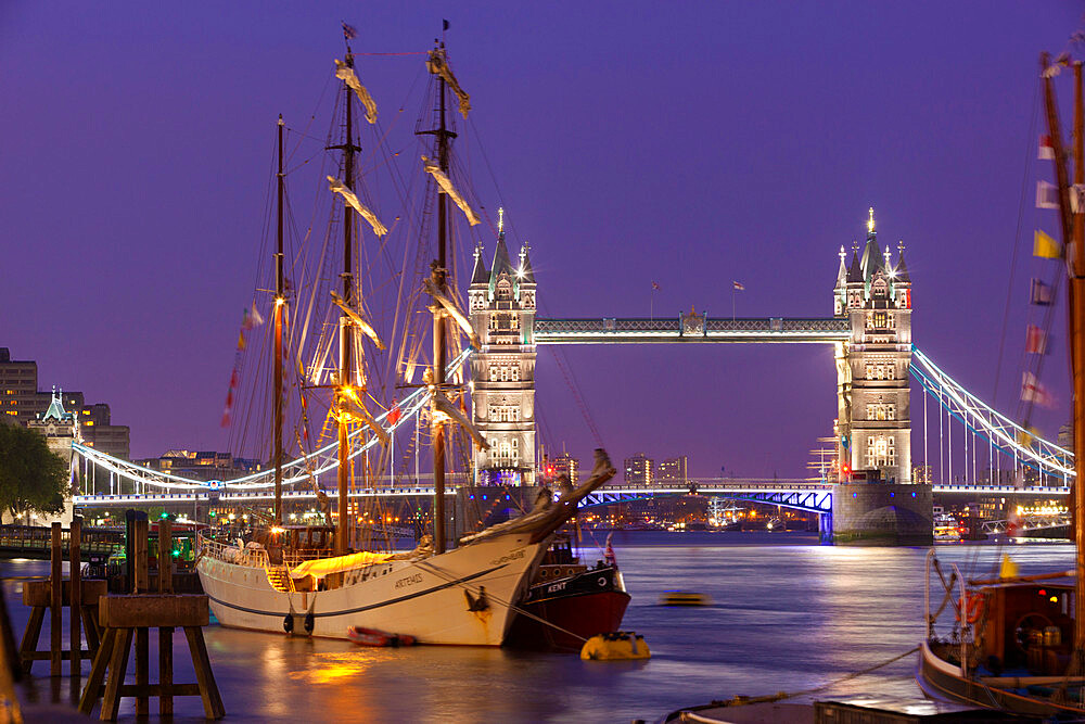 Tower Bridge and tall ships on River Thames, London, England, United Kingdom, Europe