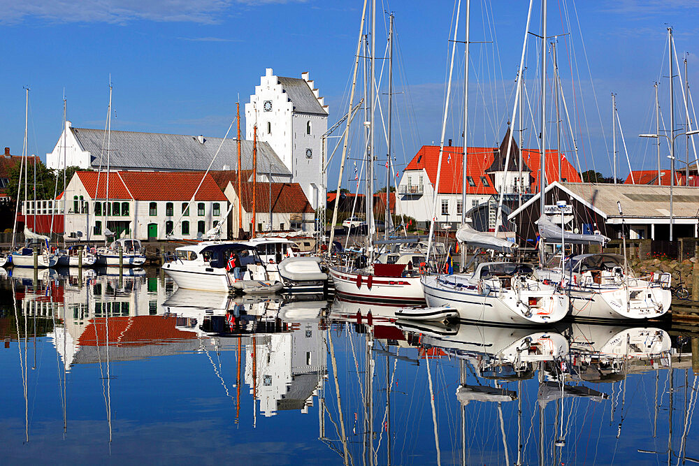 Saeby Klosterkirke and the harbour, Saeby, Jutland, Denmark, Scandinavia, Europe