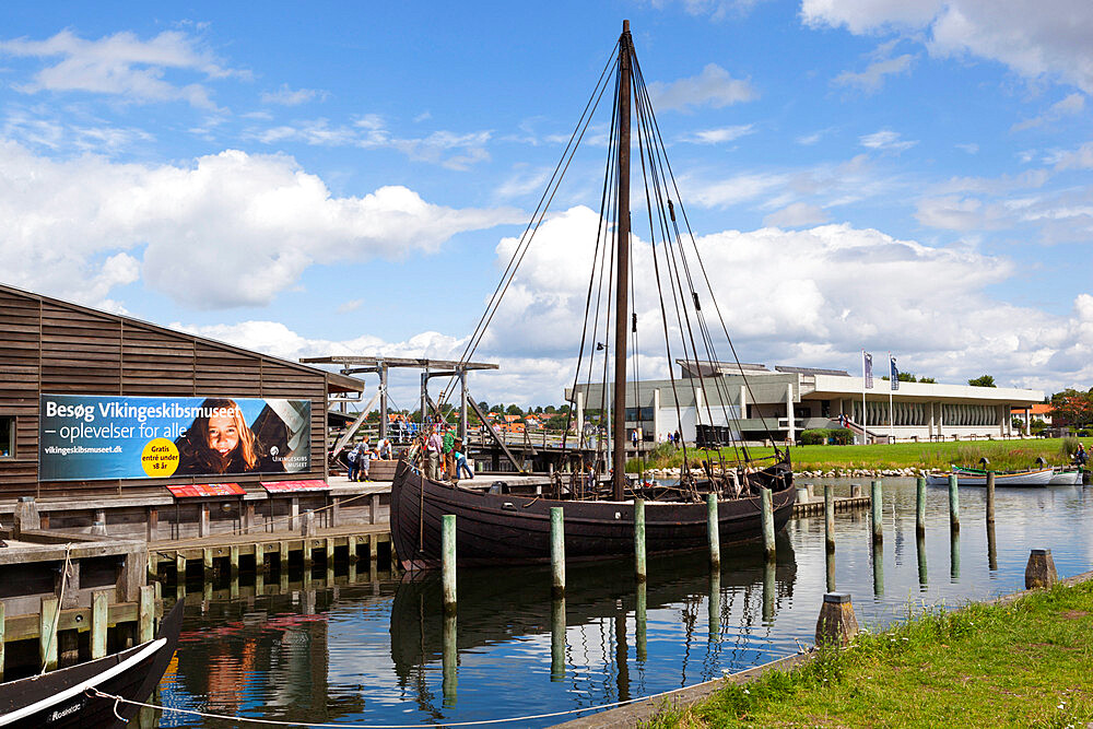 Viking age replica ship and Viking Ship Hall, Viking Ship Museum, Roskilde, Zealand, Denmark, Scandinavia, Europe