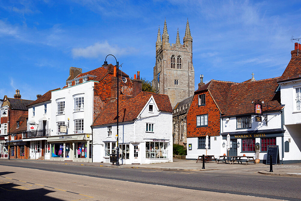 View of church and Woolpack Hotel, High Street, Tenterden, Kent, England, United Kingdom, Europe