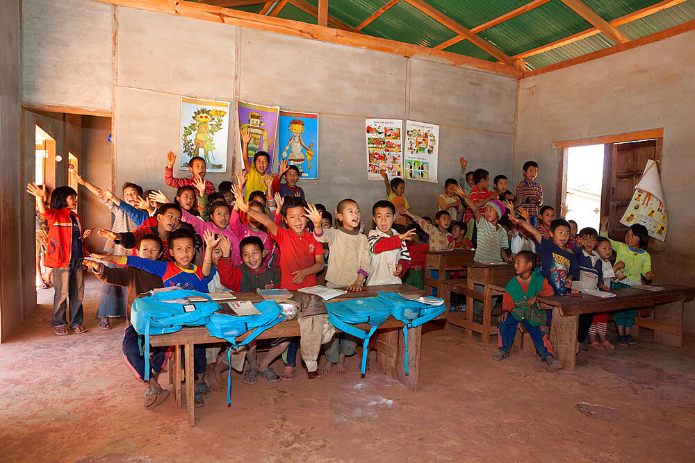 School children from Akha hill village, near Kengtung, Shan State, Myanmar (Burma), Asia