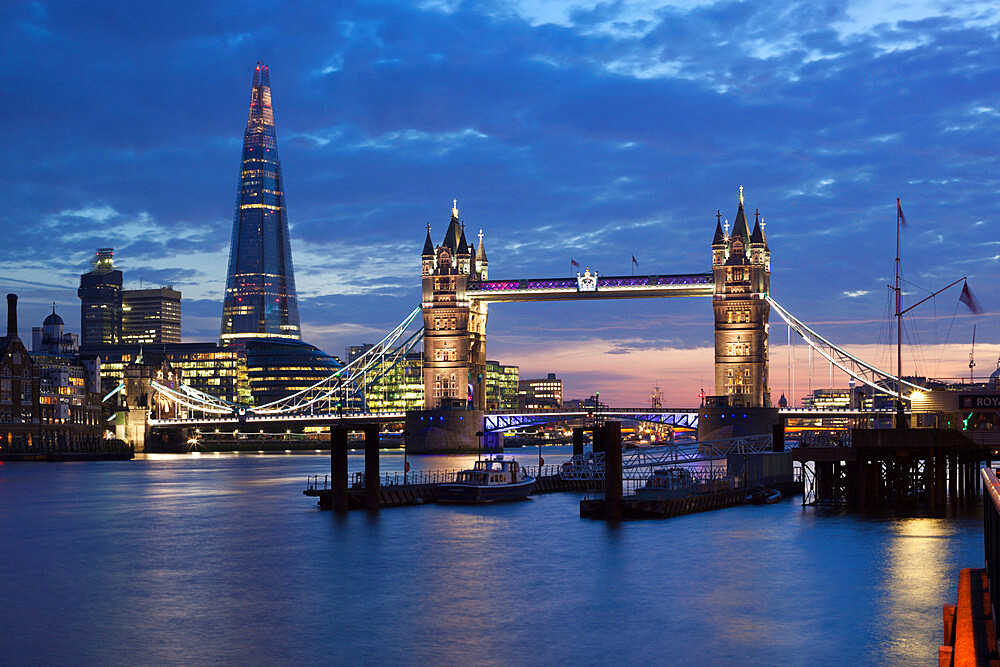 The Shard and Tower Bridge on the River Thames at night, London, England, United Kingdom, Europe