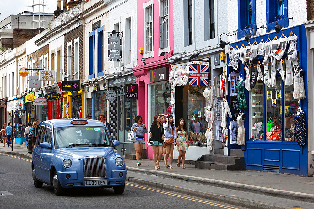 Trendy shops and taxi, Pembridge Road, Notting Hill, London, England, United Kingdom, Europe