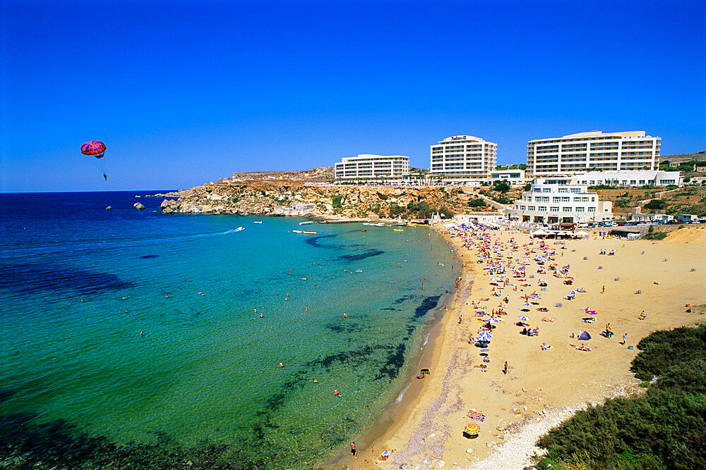 Sandy beach with Radisson SAS Hotel, Golden Bay, Malta, Mediterranean, Europe