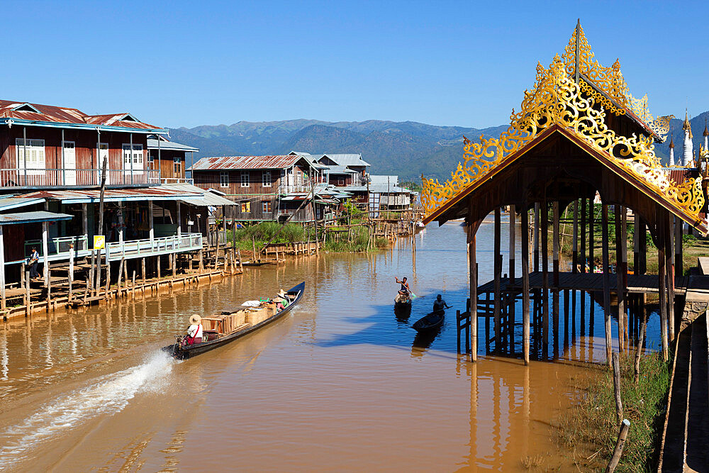 Canal-side village, Inle Lake, Shan State, Myanmar (Burma), Asia