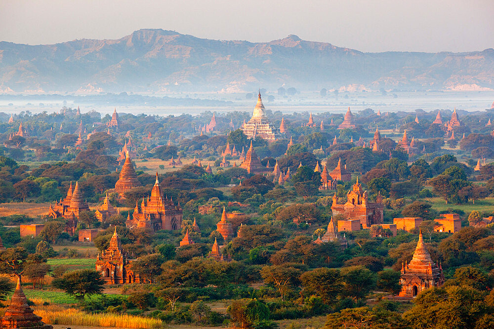 Dawn over ancient temples from hot air balloon, Bagan (Pagan), Central Myanmar, Myanmar (Burma), Asia