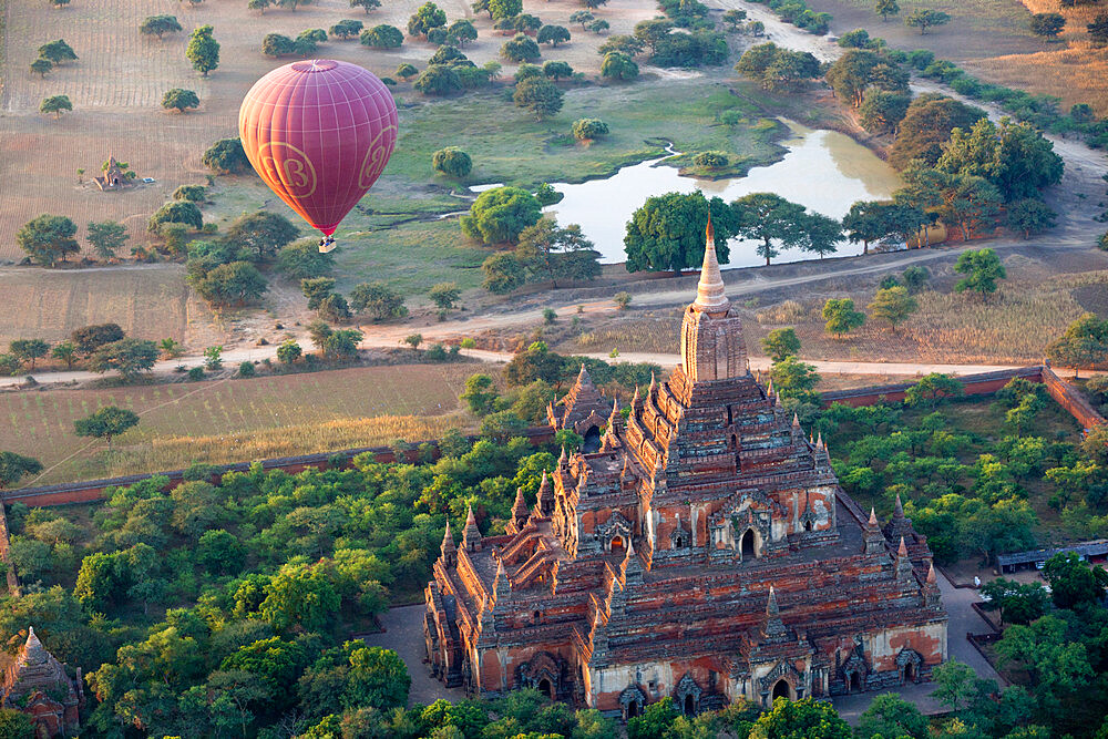 Dawn over ancient temples from hot air balloon, Bagan (Pagan), Central Myanmar, Myanmar (Burma), Asia