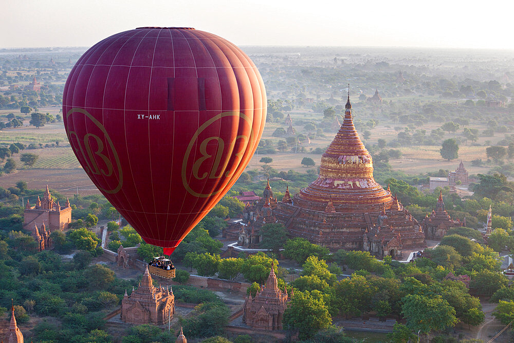 Dawn over ancient temples from hot air balloon, Bagan (Pagan), Central Myanmar, Myanmar (Burma), Asia