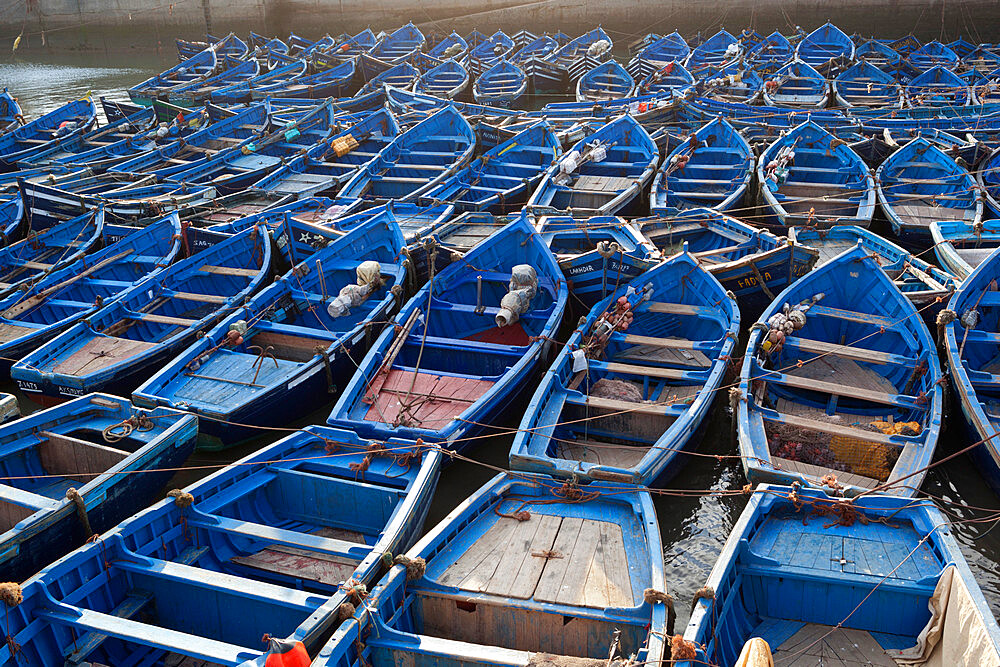 Traditional blue fishing boats in the harbour, Essaouira, Atlantic coast, Morocco, North Africa, Africa