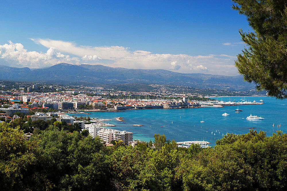 View over town and bay from Phare d'Antibes, Antibes, Cap d'Antibes, Provence-Alpes-Cote d'Azur, French Riviera, Provence, France, Mediterranean, Europe