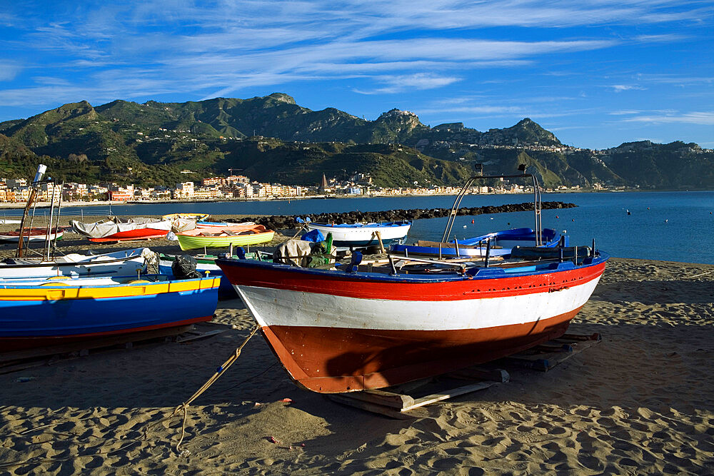 Fishing boats on beach, Giardini Naxos, Sicily, Italy, Mediterranean, Europe