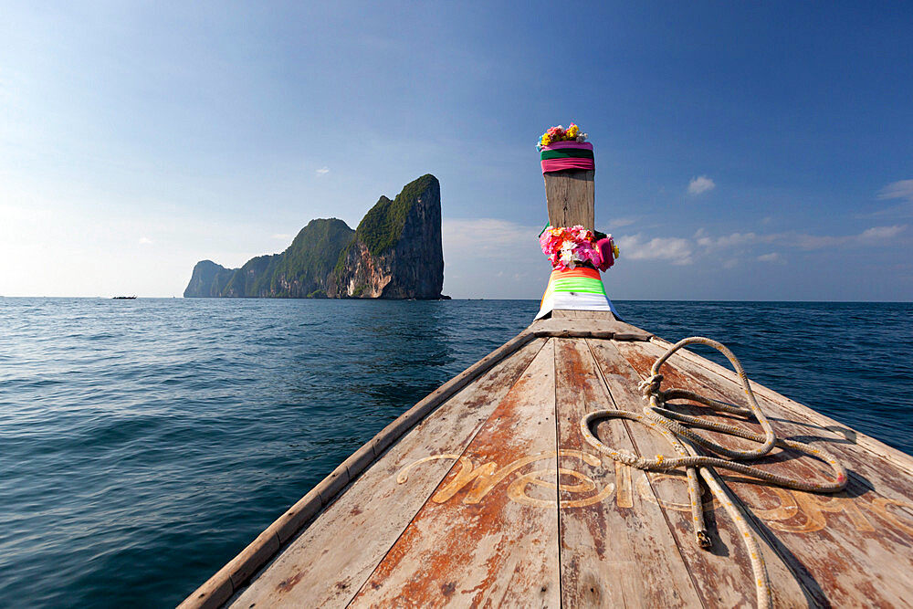 Long-tail boat and Phi Phi Lay Island, Krabi Province, Thailand, Southeast Asia, Asia