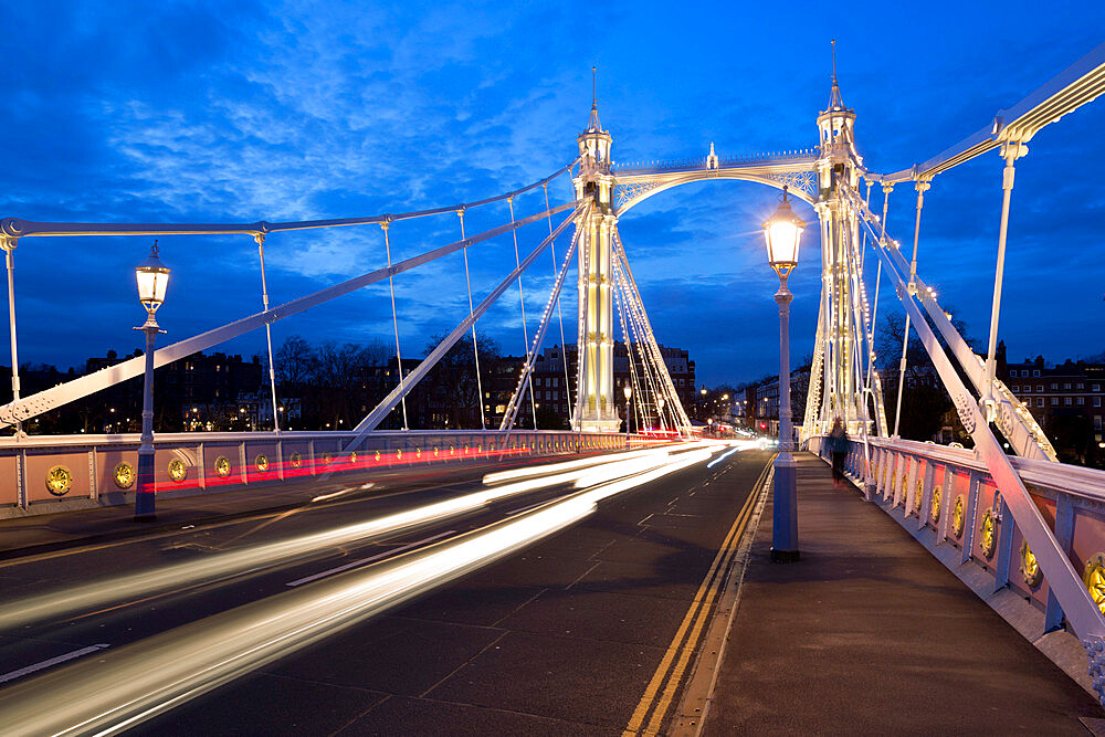 Albert Bridge at night, Chelsea, London, England, United Kingdom, Europe