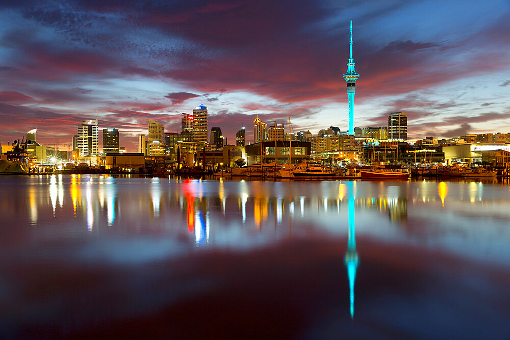 Sky Tower and city at dawn from Westhaven Marina, Auckland, North Island, New Zealand, Pacific