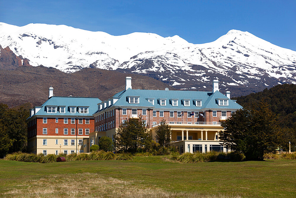 Chateau Tongariro hotel and Mount Ruapehu, Tongariro National Park, UNESCO World Heritage Site, North Island, New Zealand, Pacific