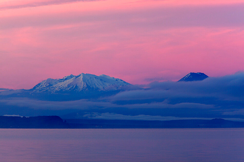 Lake Taupo with Mount Ruapehu and Mount Ngauruhoe at dawn, Taupo, North Island, New Zealand, Pacific