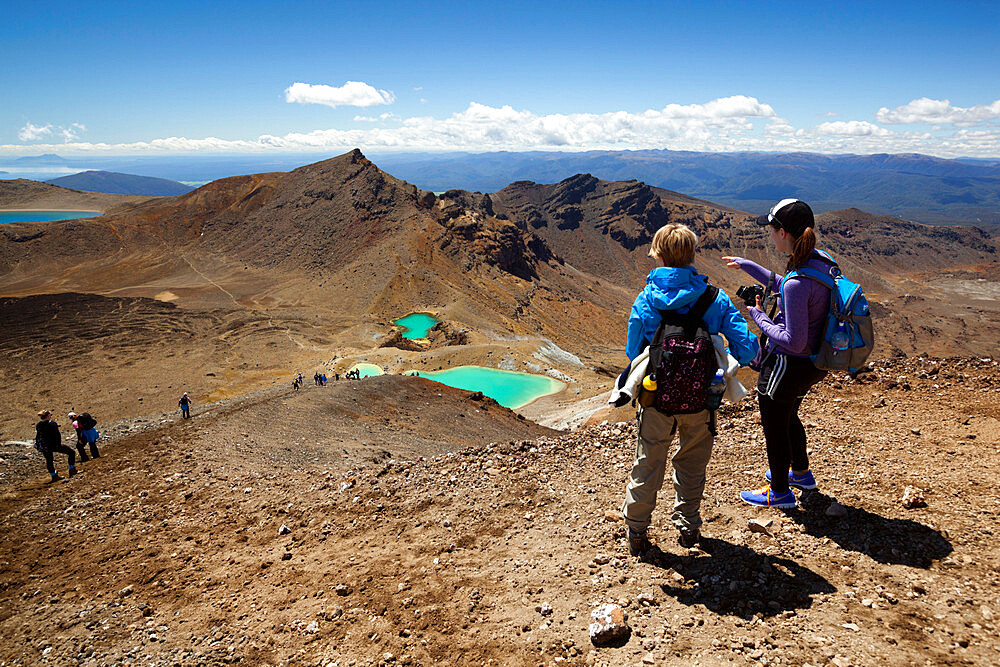 Walkers on the Tongariro Alpine Crossing above the Emerald Lakes, Tongariro National Park, UNESCO World Heritage Site, North Island, New Zealand, Pacific