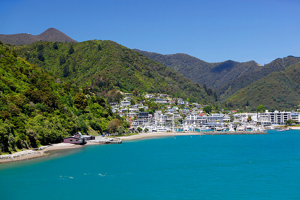 Picton harbour from ferry, Picton, Marlborough Region, South Island, New Zealand, Pacific