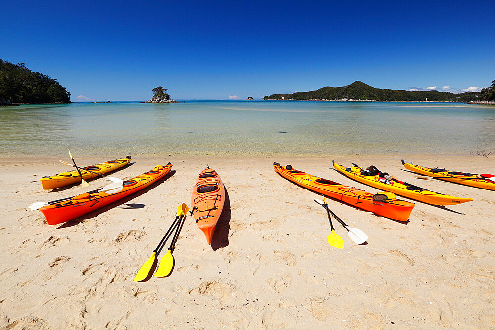 Kayaks on beach, Torrent Bay, Abel Tasman National Park, Nelson region, South Island, New Zealand, Pacific