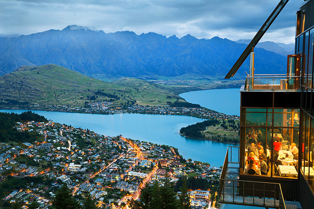 Skyline Restaurant with Lake Wakatipu and the Remarkables at dusk, Queenstown, Otago, South Island, New Zealand, Pacific