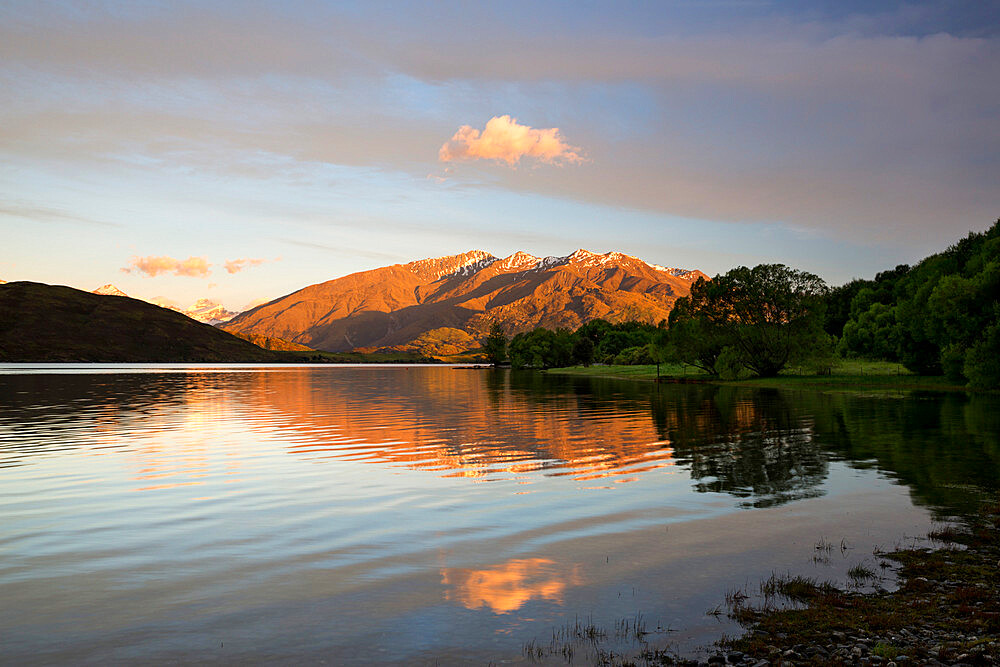 Sunrise over Glendhu Bay on Lake Wanaka and Mount Aspiring, Wanaka, Otago, South Island, New Zealand, Pacific