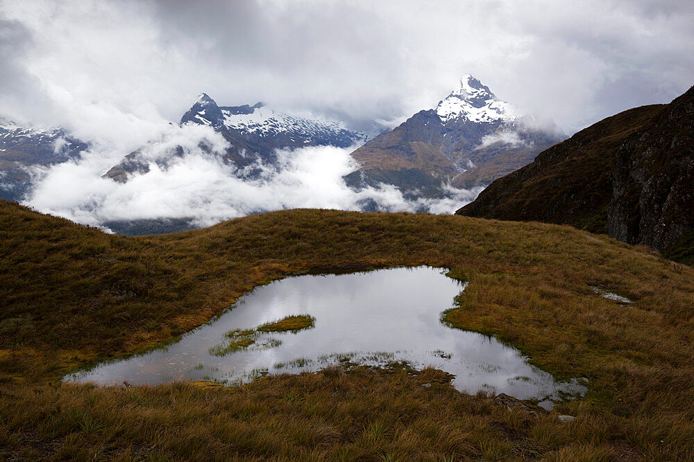 Darran Mountains and tarn from Harris Saddle, Routeburn Track, Fiordland National Park, UNESCO World Heritage Site, South Island, New Zealand, Pacific