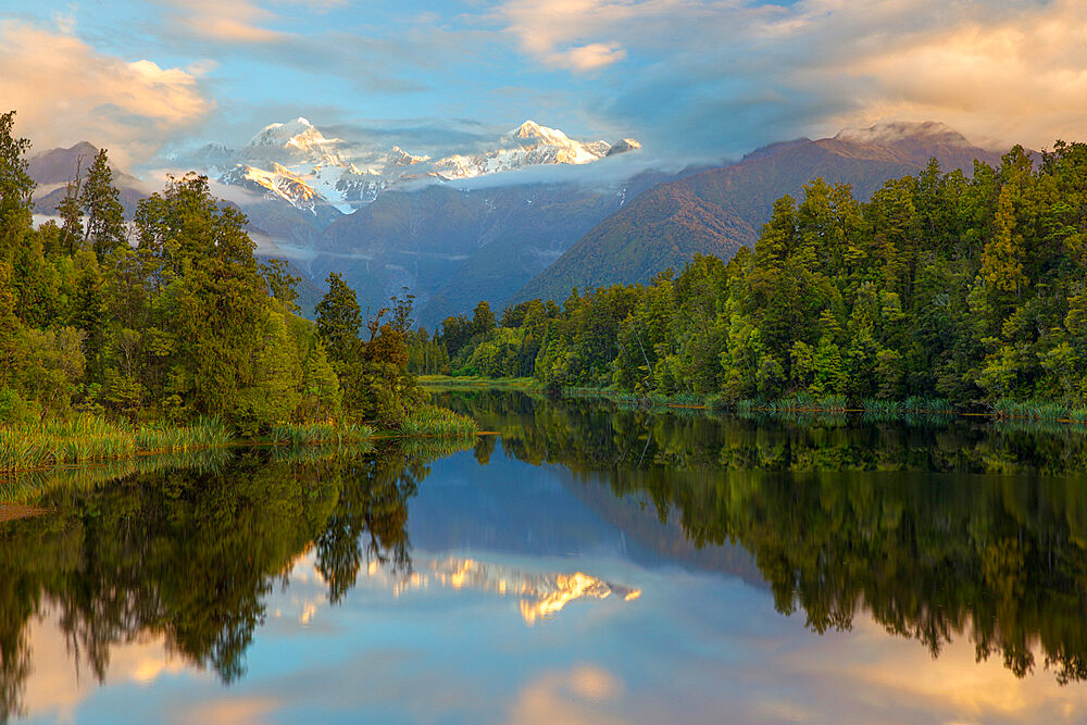 Lake Matheson with Mount Cook and Mount Tasman, West Coast, South Island, New Zealand, Pacific