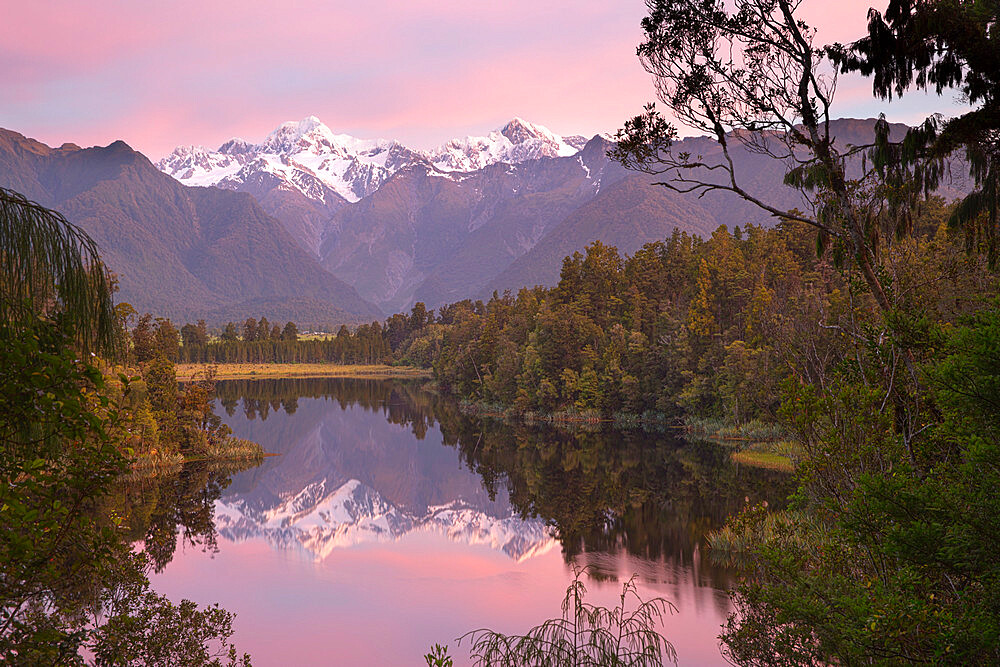 Lake Matheson with Mount Cook and Mount Tasman, West Coast, South Island, New Zealand, Pacific