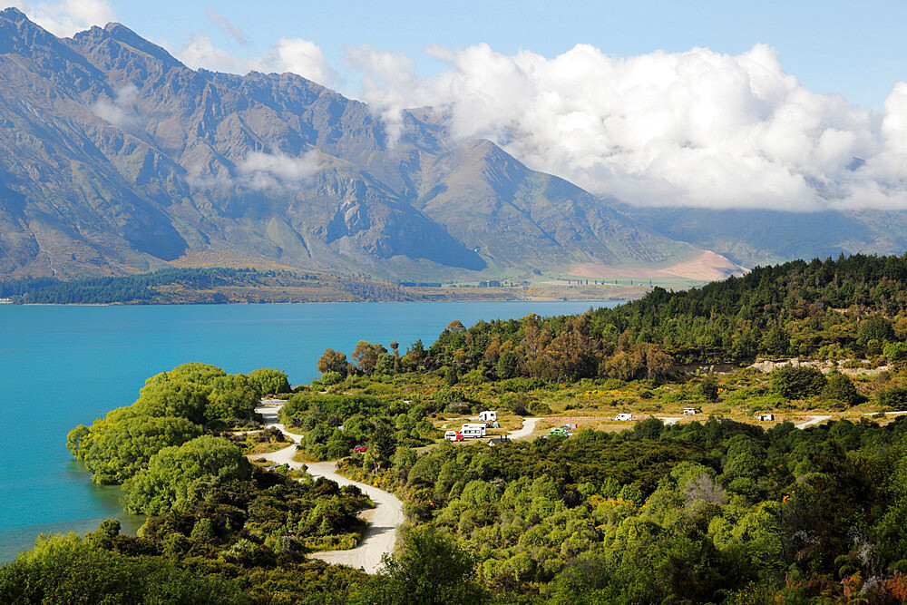 Twelve Mile Delta Department of Conservation Campground on Lake Wakatipu, near Queenstown, Otago, South Island, New Zealand