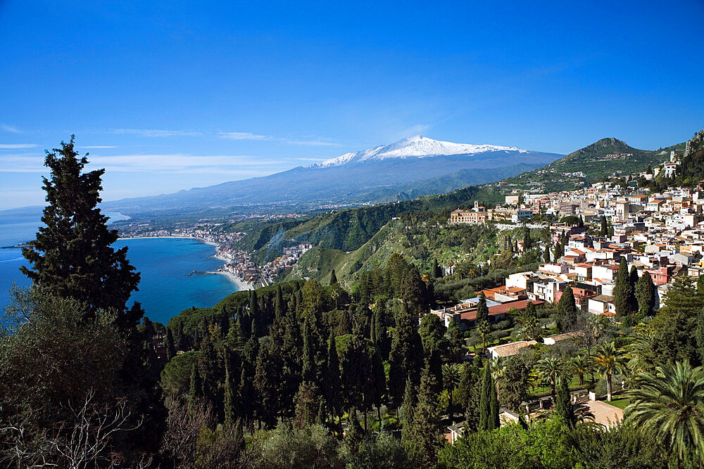 View over Taormina and Mount Etna, Taormina, Sicily, Italy, Mediterranean, Europe