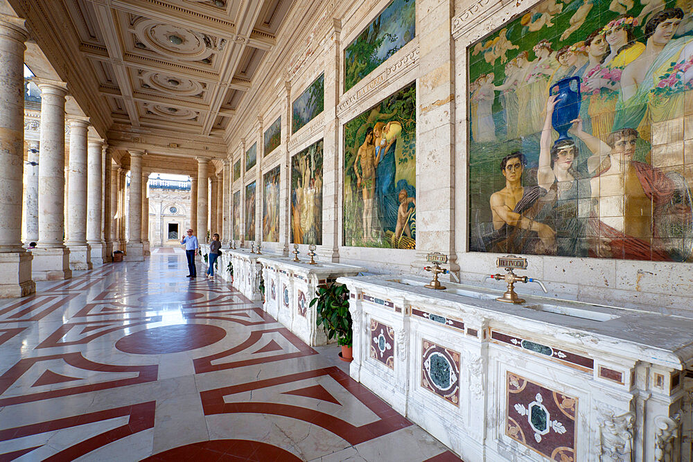 Art Nouveau decorated mineral spring water hall inside the Terme Tettuccio, Montecatini Terme, Tuscany, Italy, Europe