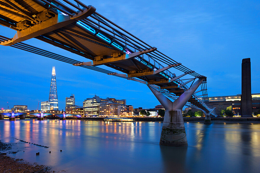 View over the River Thames with the Millennium Bridge and Tate Modern and The Shard, London, England, United Kingdom, Europe